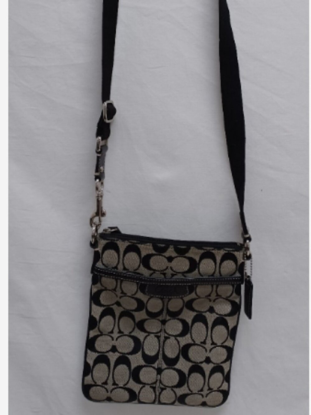 Coach Signature C Monogram Black Beige Canvas Crossbody Bag | Silver Hardware